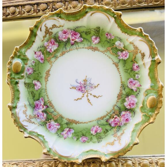Lewis Straus LS&S Limoges Art Nouveau Roses w Gold 8” Plate France Green READ - Picture 3 of 10